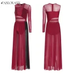 Adultes femmes danse lyrique Performance Costume Ballet gymnastique patinage artistique Dancewear strass côté fendu maille Maxi robe