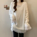 T-shirt à manches longues épissé en dentelle pour femmes, chemise de Base, Style printemps-automne, couvrant le ventre, cache la chair, haut mi-long