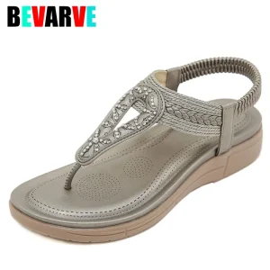 Sandales creuses pour femmes strass perlé bout rond tongs à fond plat été bohème confortable Clip orteil sandales