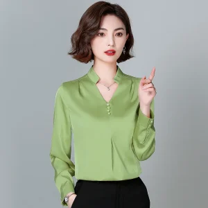 Chemisier en satin à manches longues et col en V pour femmes, chemises vintage, mode élégante, avocat, vêtements de printemps