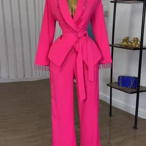 Ensembles deux pièces pour femmes, ensemble pantalon de déclaration avec détails à franges, idéal pour les jours d&rsquo;anniversaire, les soirées et les événements formels