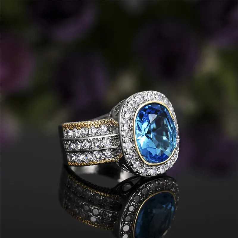 Bagues magnifiques couleur argent pour femmes, grande pierre bleu ciel, Design bicolore, bijoux nobles, cadeau d'anniversaire