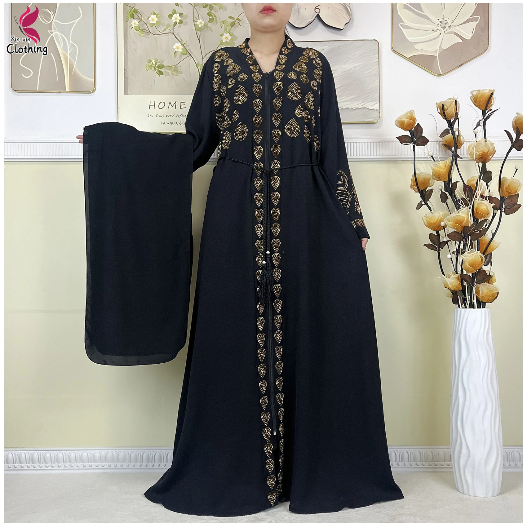 Robe Abaya Ouverte en Mousseline de Soie pour Femme Musulmane, Nouveau Style, Dubaï, Élégante, Vêtements Islamiques, Cardigan à Fermeture Éclair, avec Écharpe, 2024 Robe Abaya Ouverte en Mousseline de Soie pour Femme Musulmane, Nouveau Style, Dubaï, Élégante, Vêtements Islamiques, Cardigan à Fermeture Éclair, avec Écharpe, 2024