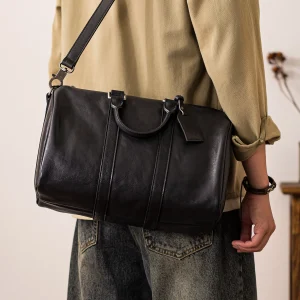 week-end en plein air fait à la main de luxe en cuir véritable hommes sac à bandoulière noir mode décontracté concepteur en cuir de vache grand sac à main noir