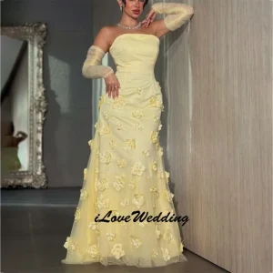 Robe de soirée élégante jaune saoudienne dubaï, fleurs 3D, manches en Tulle, longue robe de bal personnalisée, robes d&rsquo;occasion spéciale 2025