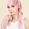 mode couleur unie fleurs femmes hijab musulman dames turban bonnet longue queue tête enveloppement foulard chapeaux indiens