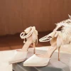 ​ ​ sandales creuses élégantes pour femmes, talons aiguilles à plateforme, avec nœud en perles, bride à la cheville détachable, talons de travail habillés, 2025 ​ ​