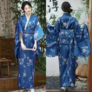 Robe Kimono japonaise, Costume de Cosplay pour femmes, Kimono bleu Vintage, Style asiatique, Yukata Sexy avec robes Geisha imprimées Obi