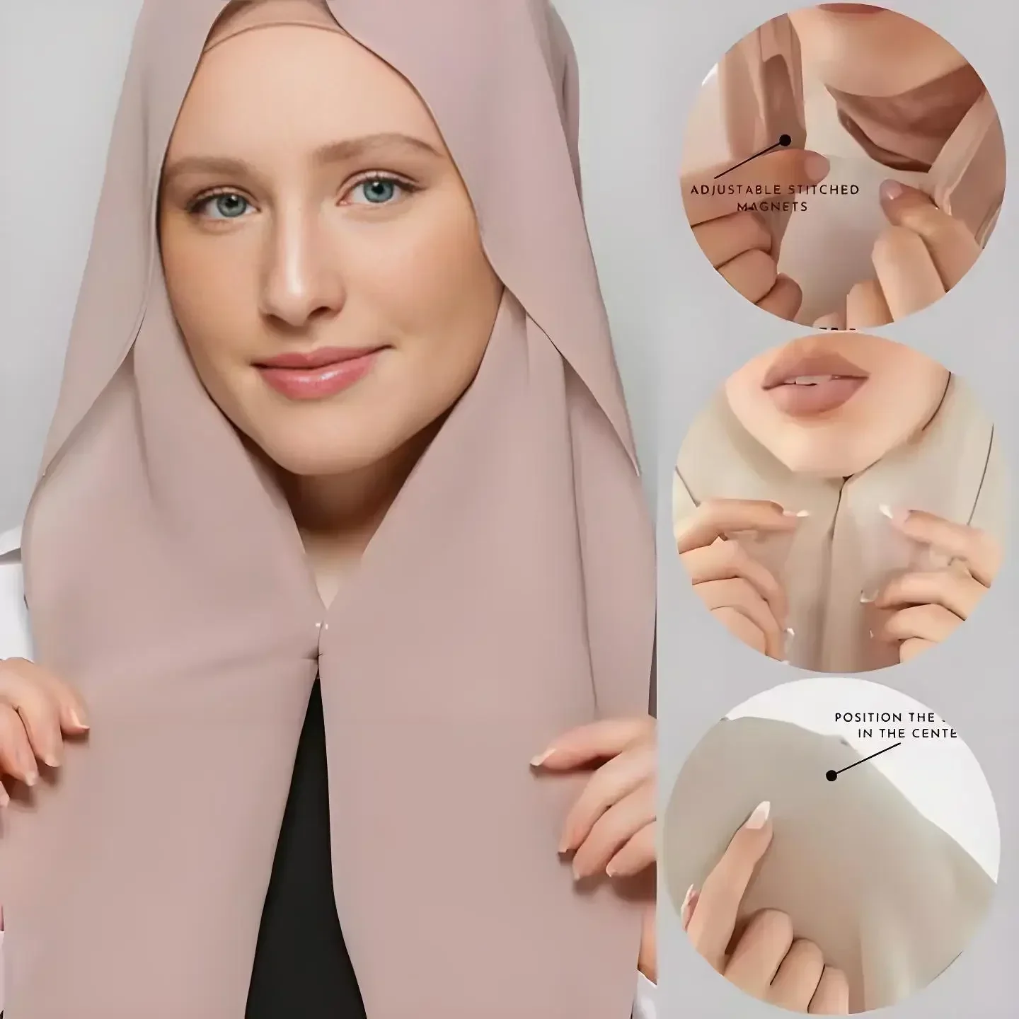 hijab instantané avec aimants intégrés – foulard en mousseline de soie facile à porter pour femmes musulmanes, châle de couleur unie avec sous capuchon, pré pi