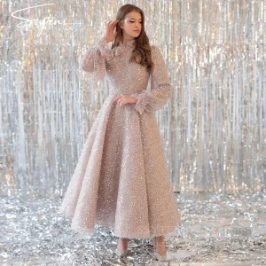 Robes de soirée de luxe pour hijab musulman, longueur thé, élégantes, dubaï, Occasions spéciales, robes pour invités, robe de soirée de mariage, 2026