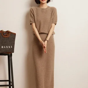 Paillettes femmes pull Suite à manches courtes pull Long sac jupe ensemble 100% cachemire automne hiver pull pull col rond vêtements