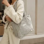 Sac à bandoulière en velours côtelé pour femmes, sac à main décontracté de grande capacité, sac de Shopping de couleur unie