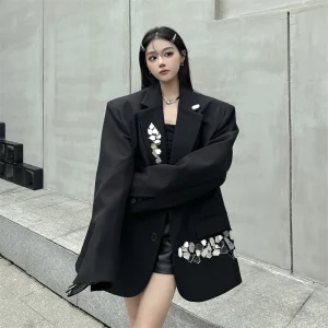 Élégant paillettes Blazer à manches longues col cranté boutons veste manteau femmes pardessus