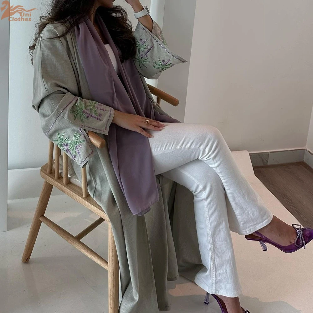 abaya ouverte à manches longues pour femmes musulmanes, kimono ethnique du ramadan, caftan arabe marocain, broderie solide modeste, turquie
