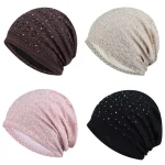 Bonnet en dentelle douce et décontractée avec strass, Style ethnique, chaud, bonnet de nuit, coupe-vent, Hijab, Turban, pour l&rsquo;extérieur