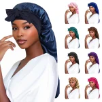 Bonnet de couchage en Satin pour femmes, longue queue tressée, Bonnet de nuit, couvre-tête, Bonnet de douche pour Sauna, Bonnet de bain