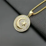 Collier rond glacé en acier inoxydable pour hommes et femmes, pendentif croissant de lune et étoile, bijoux islamiques musulmans, hip hop, livraison directe
