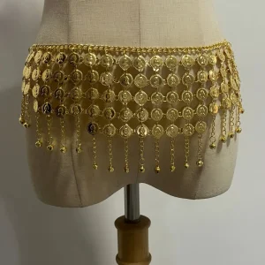 Chaîne de taille en forme de pièce de monnaie dorée pour danse du ventre, ceinture de tête de beauté en alliage à cinq rangées, cloche d&rsquo;étanchéité à cinq couches, accessoires de Performance en métal