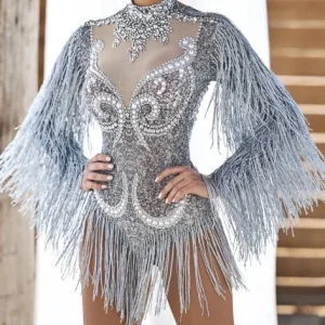 Strass scintillants Sexy manches longues gland perles une pièce combinaison courte tenues Dancewear femmes scène Performance body