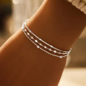 Bracelets chaîne en argent Sterling 925 scintillant pour femmes, luxe élégant, trois couches de perles géométriques, bijoux de fête de mariage