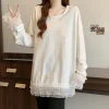 t shirt à manches longues épissé en dentelle pour femmes, chemise de base, style printemps automne, couvrant le ventre, cache la chair, haut mi long
