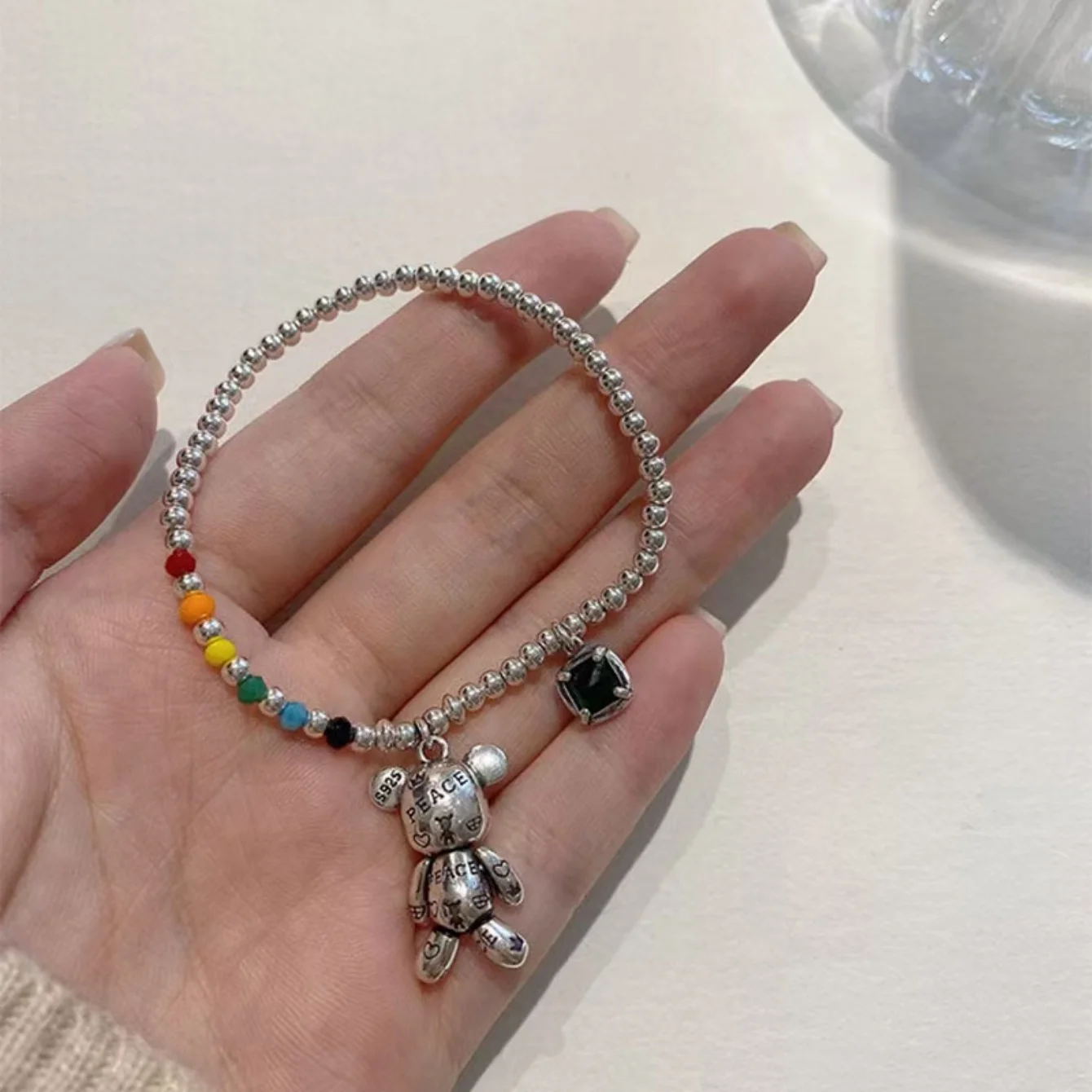 Collier couleur argent, Bracelet à breloques, bijoux de perles rondes colorées, Design ours mignon, pendentif en Zircon, bijoux de fête sl208