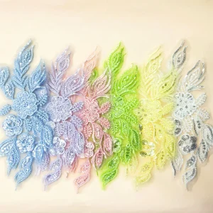 Garniture en tissu de dentelle à paillettes avec broderie florale, motif appliqué à la mode, accessoires de robe à paillettes faits à la main