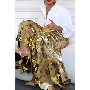 Paillettes a-ligne femmes grande taille jupe élégante taille haute luxe ample ourlet irrégulier 2025 été nouvelle soirée Cocktail jupes