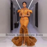 Aso Ebi robes de soirée formelles dentelle perlée personnalisé Corset robes de bal longue sirène robe de soirée à volants fendue épaule dénudée