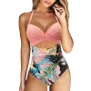 maillot de bain une pièce pour femme, imprimé, dos nu, puch up, solide, sexy, bandage, froncé, vêtements de plage