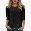 paillettes perles paillettes t shirts pour femmes brillant col rond couleur unie club hauts de fête mode à manches longues 3/4 manches blouse
