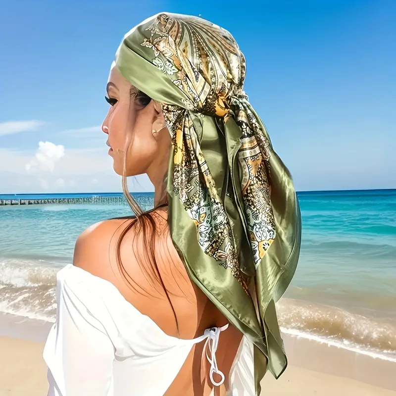 foulard carré en satin pour femmes musulmanes, hijab élégant, imprimé 2025, foulard en soie, châle, bandeau, poignée, accessoires pour cheveux, bandana