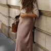 hh femmes élégant solide satin jupe longue chic y2k taille haute jupes minces femme mode soie texture dames serré jupe midi