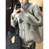 pull triblockchain torsadé gris pour femme, cardigan chaud, harajuku, col montant, vintage, à la mode, automne et hiver