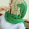 hijab musulman en mousseline de soie pour femme, longue Écharpe perlée, avec diamants dorés et paillettes, à la mode, turban uni
