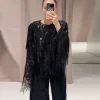 vestes à franges à paillettes pour femmes, manteaux noirs à manches longues, col rond, simple boutonnage, mode printemps hiver 2021, vêtements d'extérieur urbains pour dames