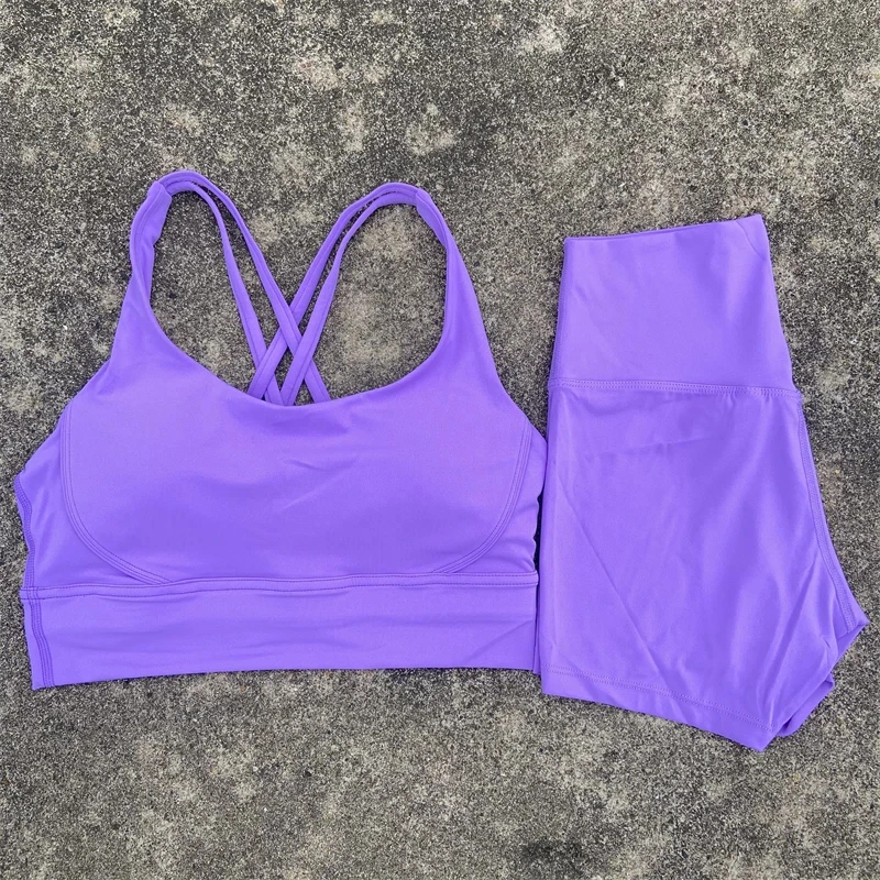 ensemble de vêtements de yoga 2 pièces, ensemble short de sport pour femmes, soutien gorge croisé dans le dos, haut, short taille haute, costume de fitness, survêtement d'entraînement de course