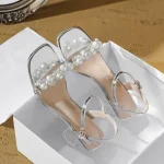 Sandales sexy à talons hauts pour femmes, mode d&rsquo;été, accessoires de perles, sandales à bout ouvert, couleur unie, talons hauts décontractés pour l&rsquo;extérieur