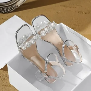 Sandales sexy à talons hauts pour femmes, mode d&rsquo;été, accessoires de perles, sandales à bout ouvert, couleur unie, talons hauts décontractés pour l&rsquo;extérieur