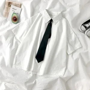 Chemise blanche pour femmes, chemisier à revers à manches courtes avec cravate, mode japonaise pour étudiantes, haut d&rsquo;été de Style collège quotidien
