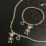 Collier couleur argent, Bracelet à breloques, bijoux de perles rondes colorées, Design ours mignon, pendentif en Zircon, bijoux de fête sl208