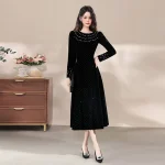 Robe trapèze élégante à la mode, perlée, Style Hepburn, amincissante, robe de célébrité, manches longues, col rond, taille moyenne, fermeture à glissière