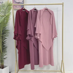 Khimar Abaya ensemble tissu froissé robe à manchette smockée + 2 couches Hijab écharpe vêtements de prière Islam Jilbabs pour les femmes Ramadan musulman