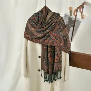 Écharpe de Style ethnique imprimée de luxe, écharpe Hijab à pampilles Jacquard, Turban islamique fin et Long pour femmes