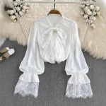 Chemise ample manches longues lanterne femmes dentelle Blouse à volants nœud papillon cravate Vintage Lolita chemise élégante printemps décontracté travail hauts