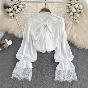 Chemise ample manches longues lanterne femmes dentelle Blouse à volants nœud papillon cravate Vintage Lolita chemise élégante printemps décontracté travail hauts