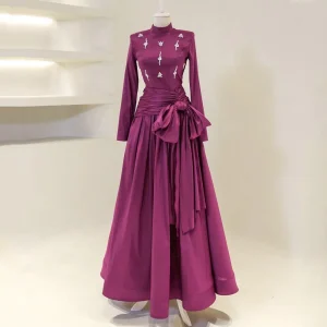Robes de soirée saoudiennes pour femmes, col haut, manches longues, robes de soirée formelles, ligne A, nœud en cristal, robe d’invitées de mariage Robes de soirée saoudiennes pour femmes, col haut, manches longues, robes de soirée formelles, ligne A, nœud en cristal, robe d’invitées de mariage