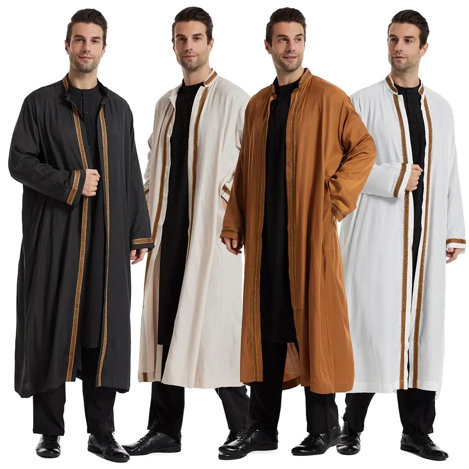 Hommes ouvert Abaya musulman saoudien Jubba Thobe vêtements islamiques Ramadan Kimono à manches longues Robe Caftan dubaï col montant Robe arabe Hommes ouvert Abaya musulman saoudien Jubba Thobe vêtements islamiques Ramadan Kimono à manches longues Robe Caftan dubaï col montant Robe arabe