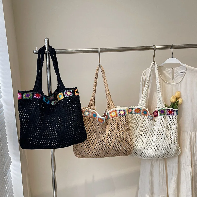sac fourre tout de plage bohème fait à la main, perles colorées, garniture florale, paille naturelle au crochet, sac à bandoulière pour femmes, sac décontracté pour voyage