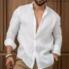 Chemise unie en coton et lin pour hommes, couleur unie, classique, boutonnée, revers, manches longues, mode printemps automne, chemises amples pour hommes